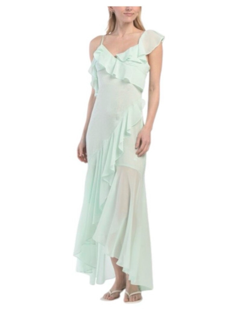 En Saison Mint Green Asymmetrical Ruffle Maxi Dress